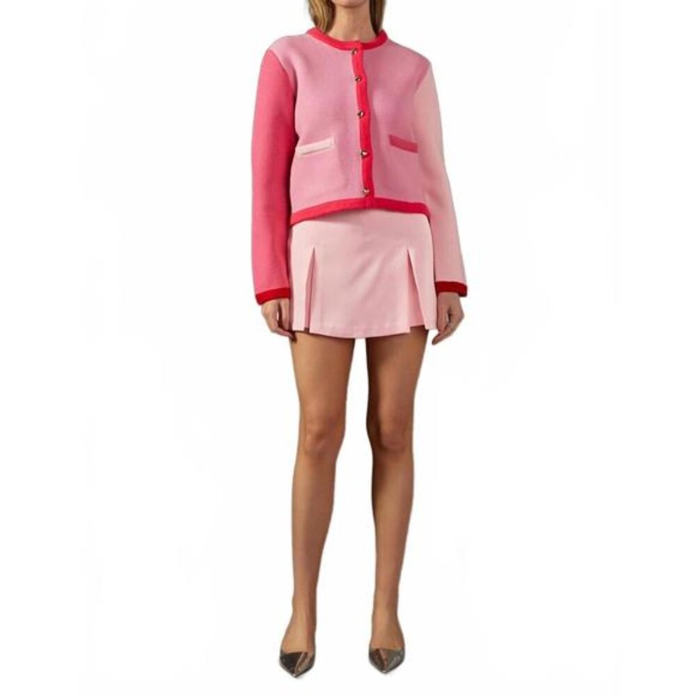 English Factory Pink Colorblock Knit Cardigan and Skort Set Satin